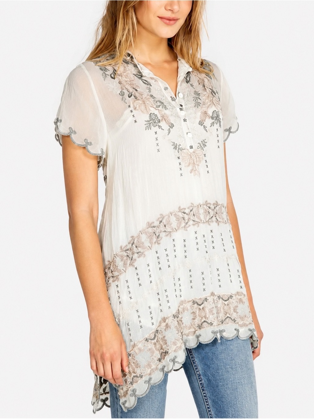 Johnny Was Fletcher Embroidered Sharkbite Tunic Top Silk S